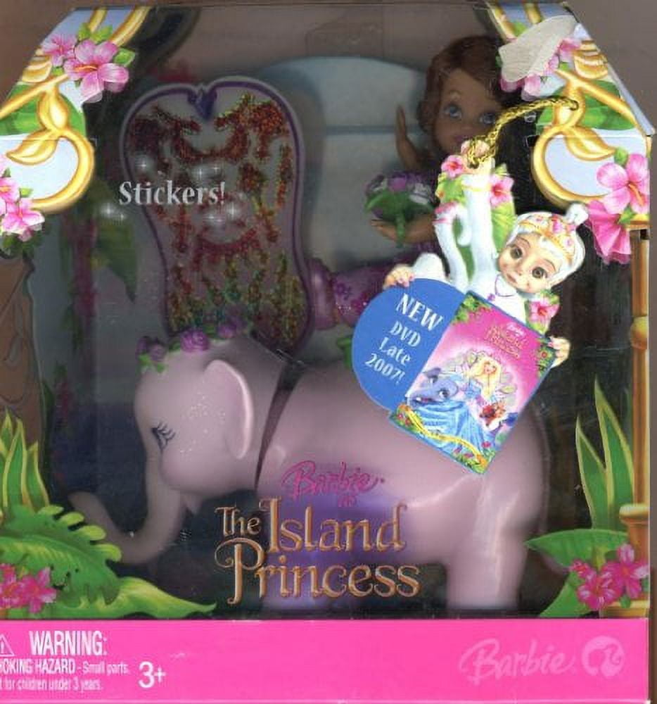 Barbie As the Island Princess Playset (K8112) - 4.5 Inch Tall Hispanic Kelly in Purple Dress and 7 Inch Long Pink Tika the Elephant Plus Hairbrush, Flower Bouquet, Tiara and Sticker