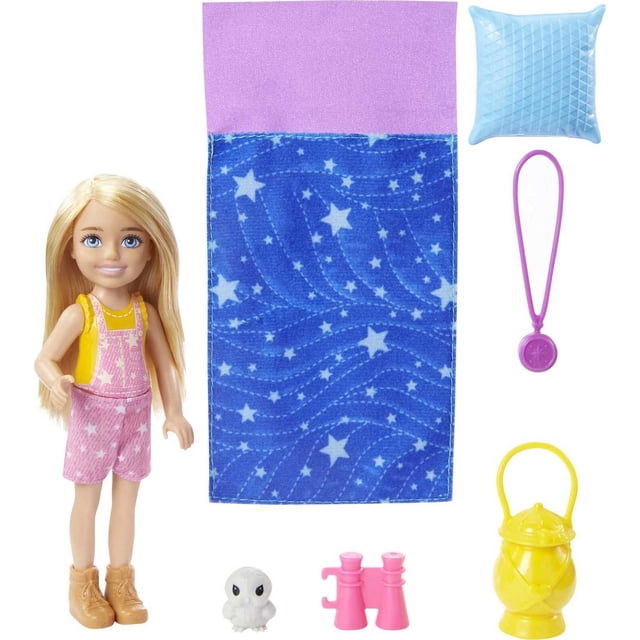 Barbie It Takes Two Chelsea Doll Set with Owl, Sleeping Bag & Camping Accessories, Blonde Small Doll