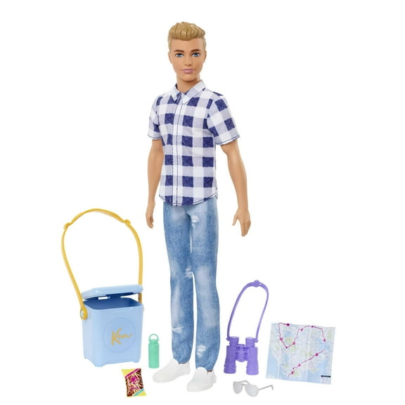 Barbie It Takes Two Ken Doll & Camping Accessories, Blonde Doll with Blue Eyes Wearing Plaid Shirt