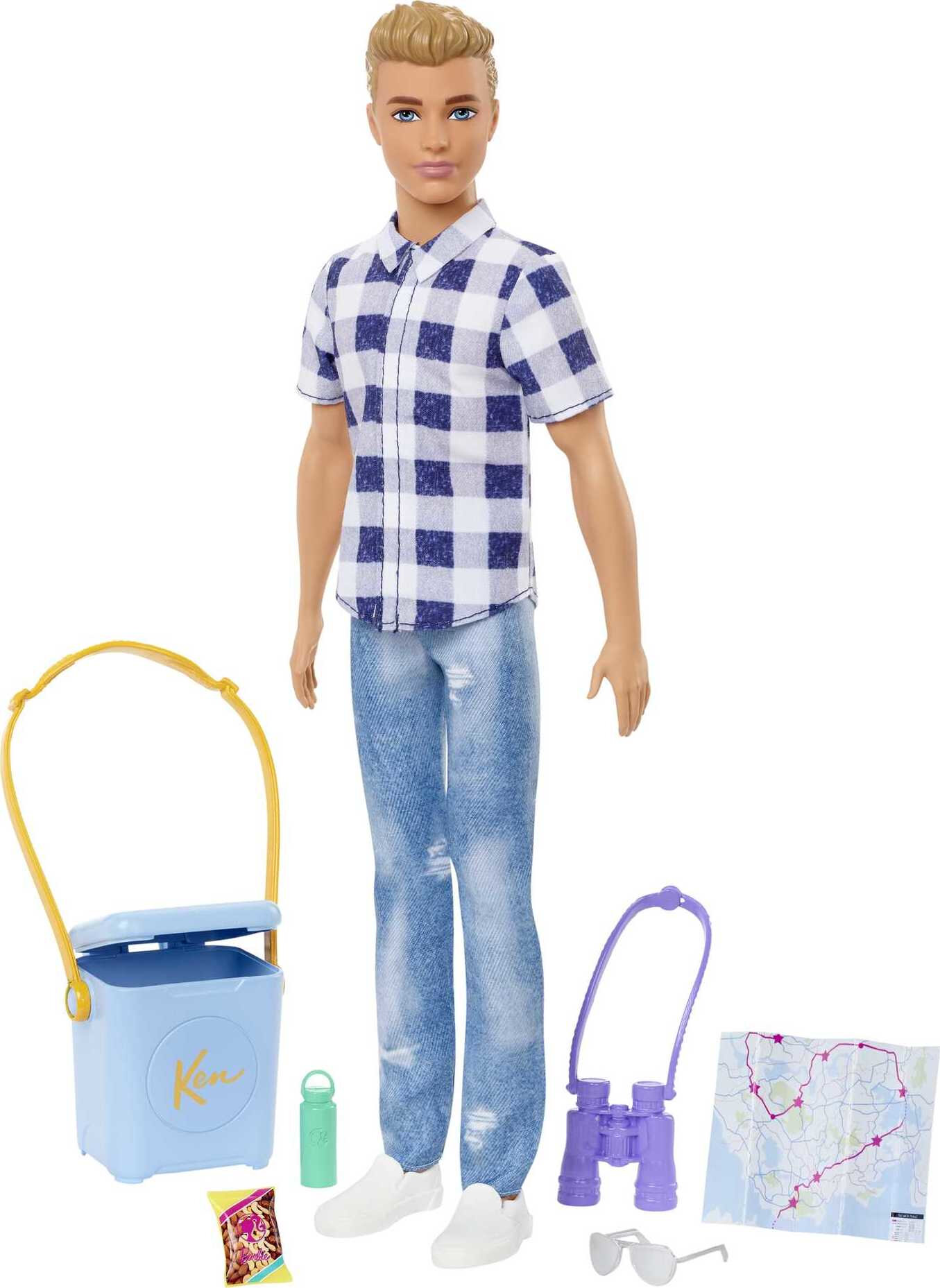 Barbie It Takes Two Ken Doll  Camping Accessories, Blonde Doll with Blue  Eyes Wearing Plaid Shirt