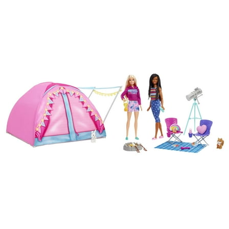 Barbie It Takes Two Let's Go Camping Tent Playset with Brooklyn & Malibu Dolls & 20 Accessories
