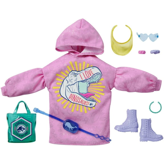 Barbie Jurassic World Fashion Pack, 10-Piece Set with Clothes & Accessories for Dolls, Hoodie Dress