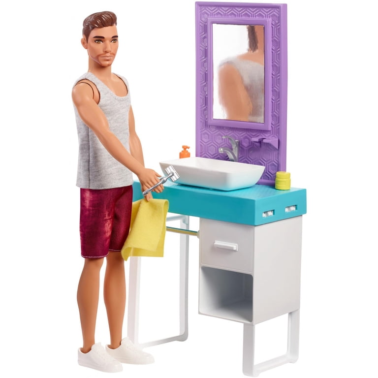 Barbie Bathroom-Themed Playset with Shaving Ken Doll and Sink