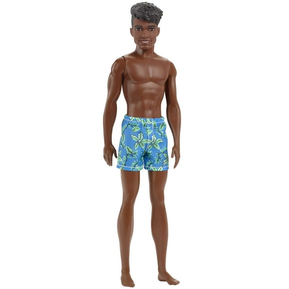 Barbie Ken Beach Doll with Black Hair Dressed in Blue Tropical Swim Trunks