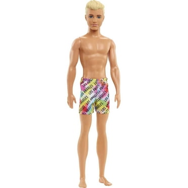 Barbie Ken Beach Doll with Blonde Hair Dressed in Colorful Los Angeles-Print Swim Trunks