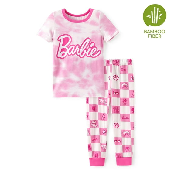 Barbie Kid Girls Bamboo Pajamas Pink Tie Dye Short Sleeves Tee with Plaid Leggings Pjs Set Sizes 2-8