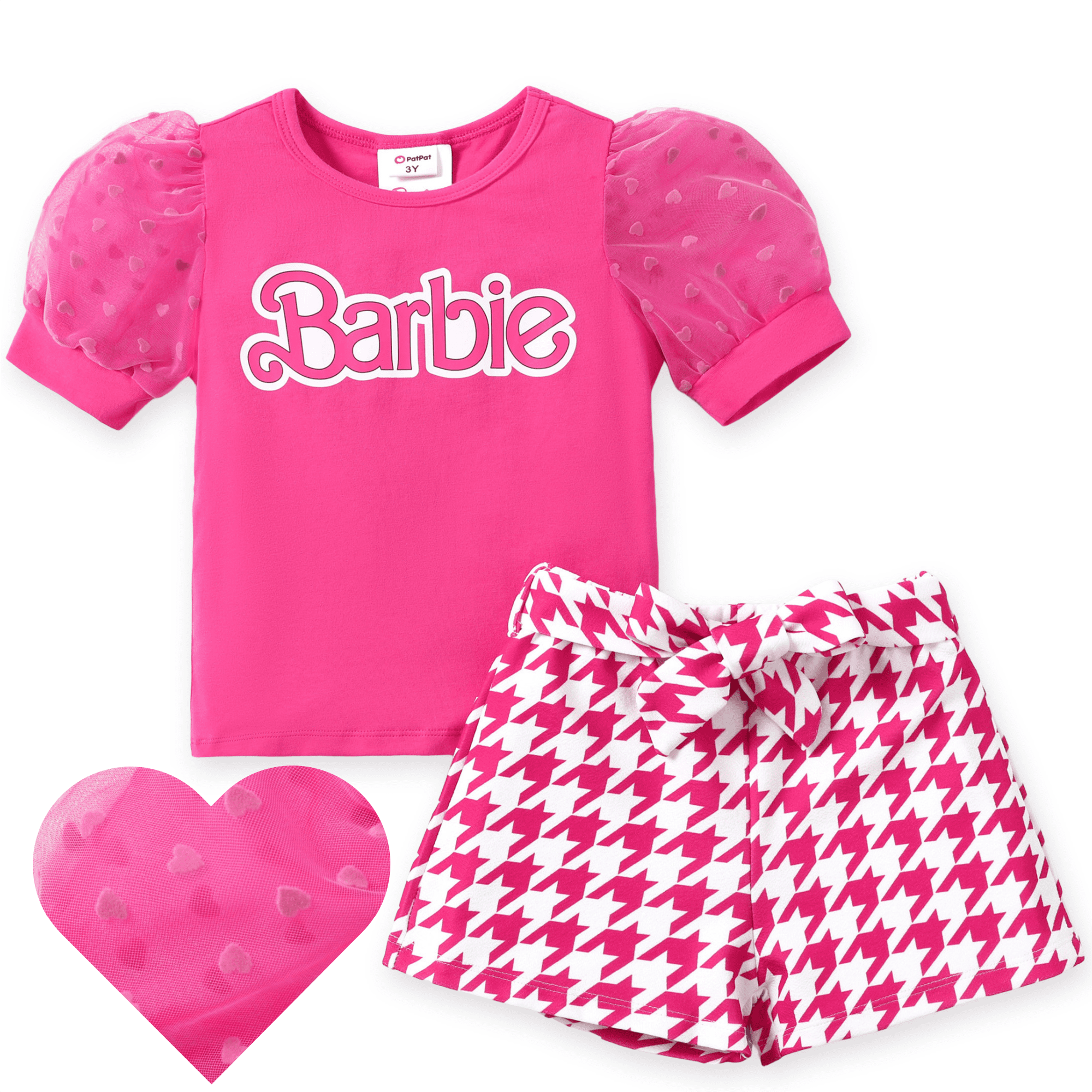 Barbie Kid Girls Letter Pint Puff Sleeves Top with Houndstooth Bowknot Short 2 Pcs Outfit Set Sizes 3-10