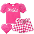 thumbnail image 1 of Barbie Kid Girls Letter Pint Puff Sleeves Top with Houndstooth Bowknot Short 2 Pcs Outfit Set Sizes 3-10, 1 of 6