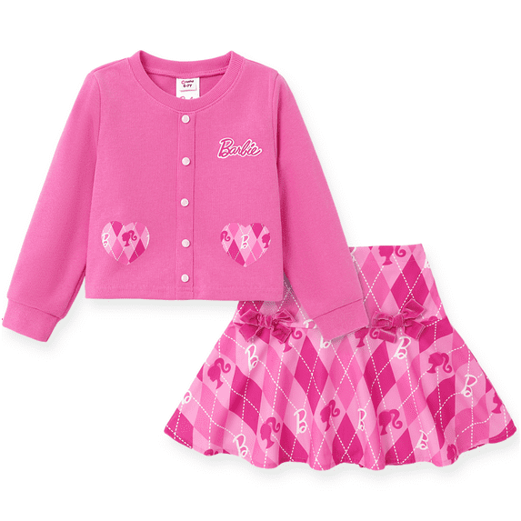 Barbie Kid Girls Skirt Set Heart Print Corduroy Cardigan with Plaid Pleated Skirt 2 Pieces Outfit Set Sizes 6-12