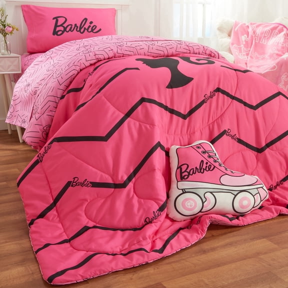 Barbie Kids 2 Piece Pink Black Chevron Reversible Comforter and Pillowcase set, Twin/full