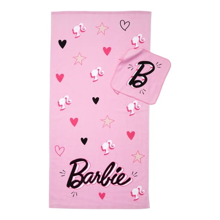 Barbie Kids Bath Towel and Wash Cloth Set, Cotton, Pink, Mattel