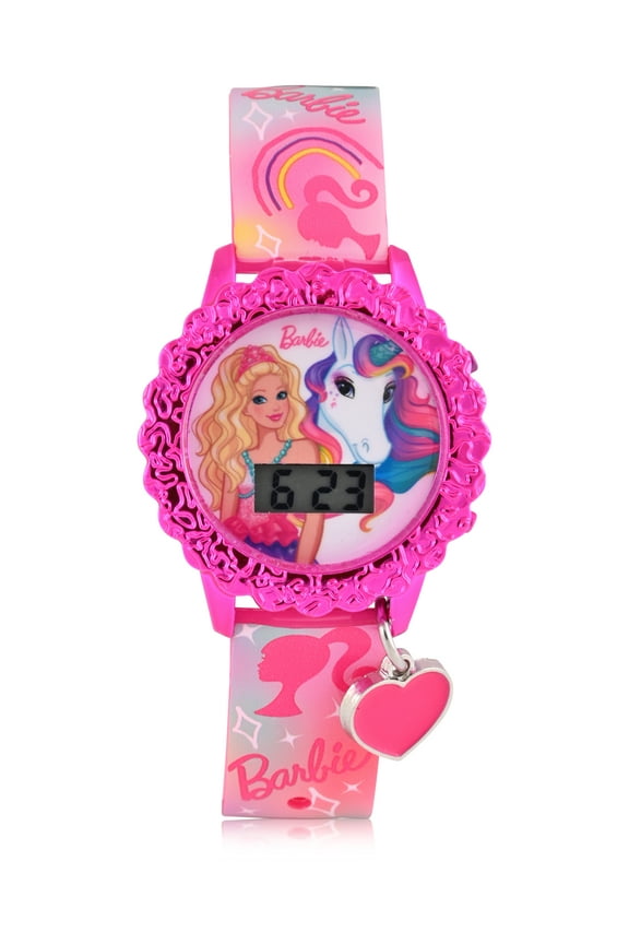 Barbie Kids Flashing Lights LCD Watch with Printed Strap and Heart Shaped Hanging Charm (BDT4156WM)