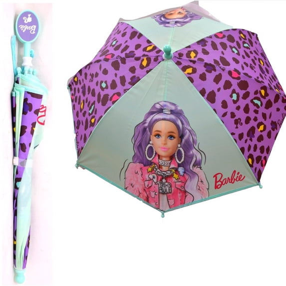 Barbie Kids Rain Umbrella with Clamshell Handle – Stylish Cheetah Print Girls Umbrella, Lightweight Durable Rain Protection Umbrella for Children, Easy Grip Portable School & Travel Umbrella 