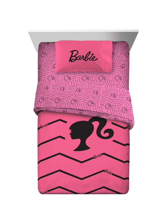 Barbie Kids Twin Bed-in-a-Bag, Comforter and Sheets, Pink Chevron, Mattel