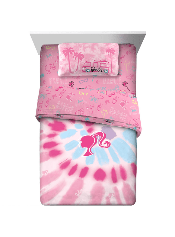 Barbie Kids Twin Tie-Dye Bed-in-a-Bag, Reversible Comforter and Sheets, Mattel
