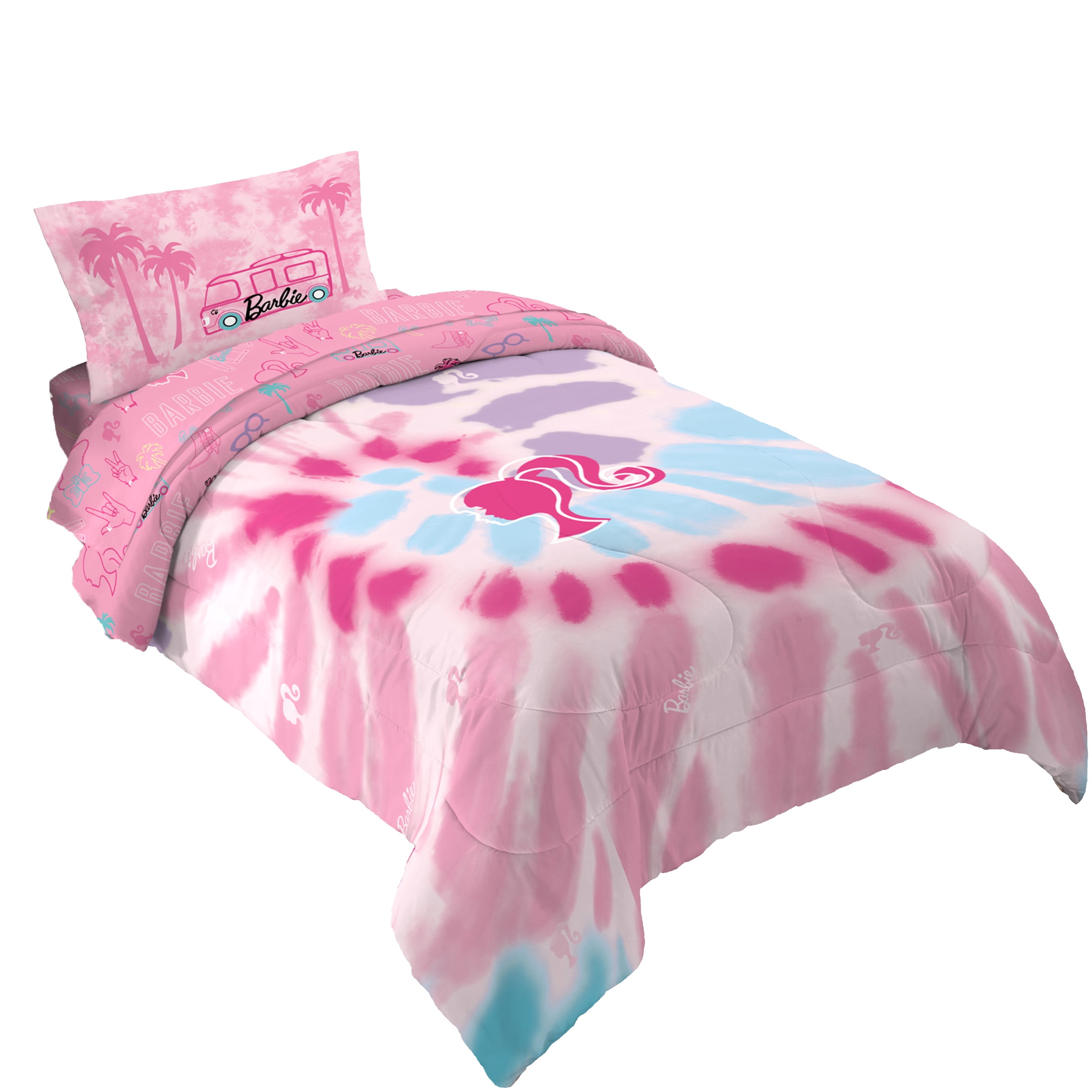 Barbie Kids 4 Piece Pink Tie Dye Reversible Comforter, Bed in a Bag, Twin