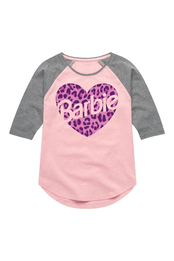 - Pink Leopard Heart Barbie Logo - Toddler and Youth Girls Raglan Graphic T-Shirt