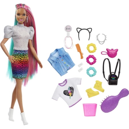 Barbie Leopard Rainbow Hair Doll (Brunette) with Color-change Hair Feature, 16 Accessories, Ages 3 to 7