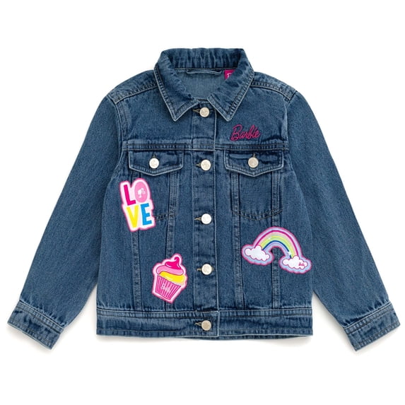 Barbie Little Girls' Long Sleeve Fashion Denim Jacket with Patch Appliques Medium Wash Blue with Barbie Rainbow and Cupcake Patches