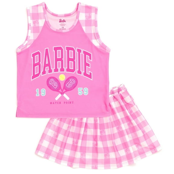 Barbie Little Girls Tank Top and Pleated Skort Outfit Set Checkered Pink 7-8