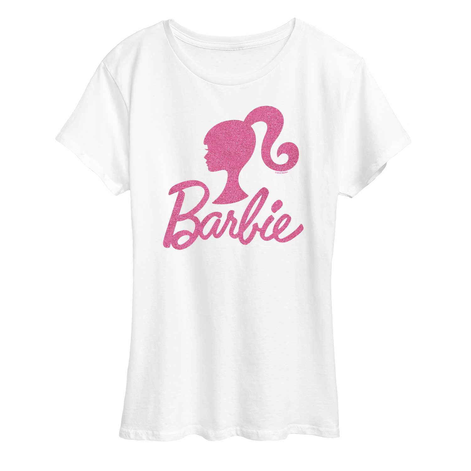 Barbie Logo Pink Glitter Transfer Women s Short Sleeve Graphic T Shirt