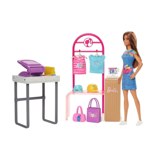 Barbie Make & Sell Boutique Playset with Brunette Doll, Foil Design Tools, Clothes & Accessories