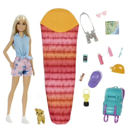 Barbie Malibu Doll & 10+ Accessories, Camping-Theme Set with Puppy, Sleeping Bag & More