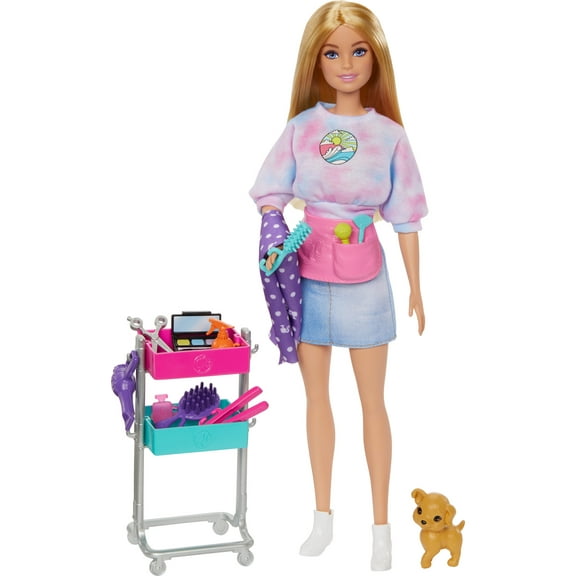 Barbie Malibu Stylist Doll & 14 Accessories Playset, Hair & Makeup Theme with Puppy & Styling Cart
