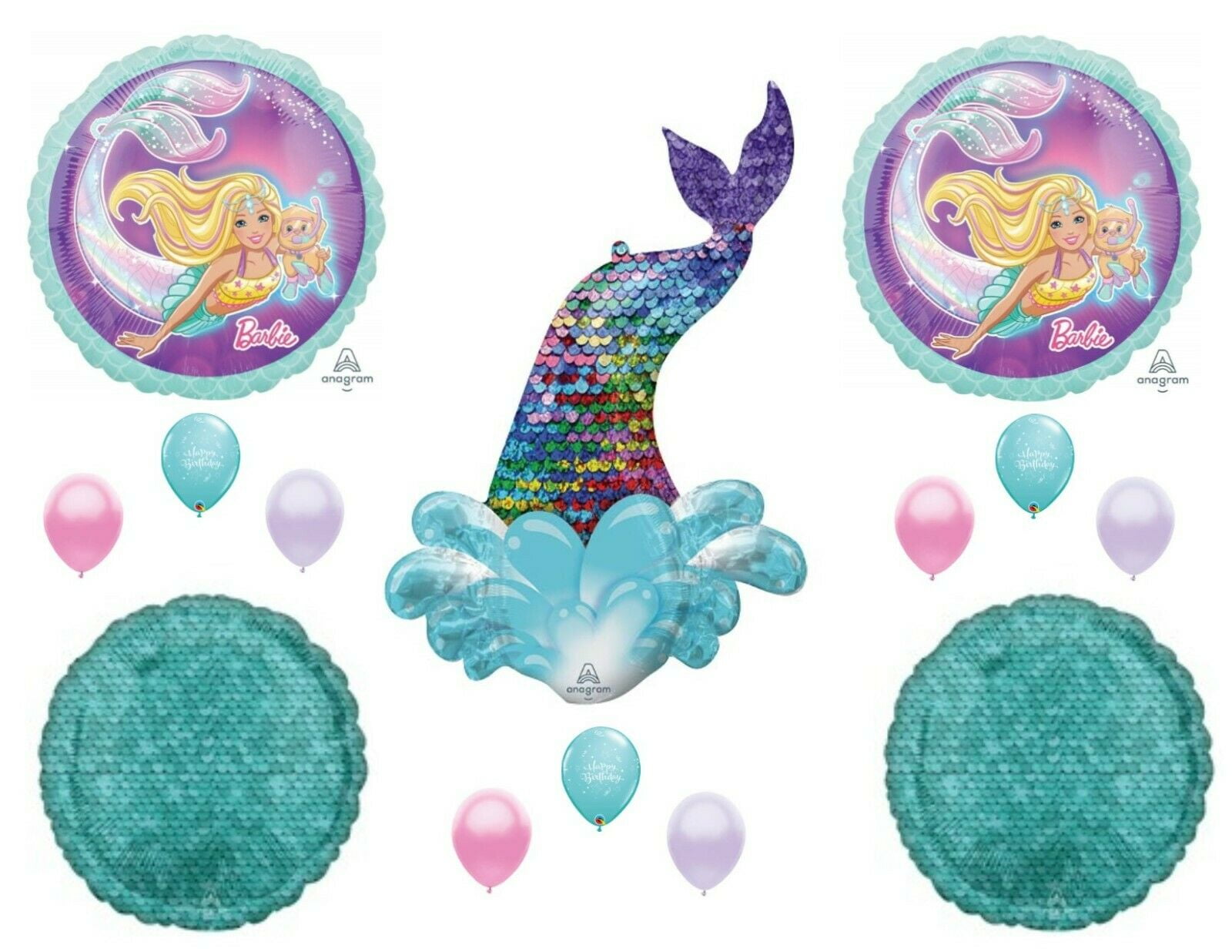 C & S PARTY SUPPLY Barbie Mermaid Tail Happy Birthday party balloons Decoration Ocean Blue Sequins