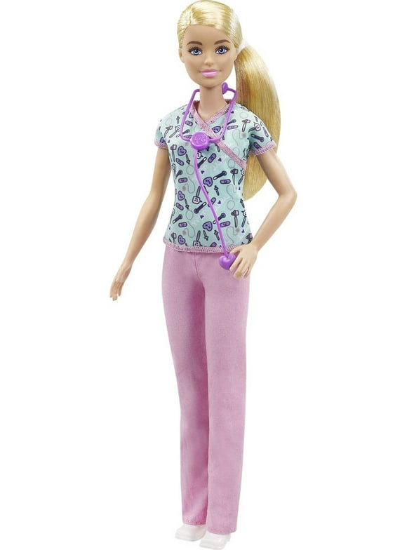 Barbie Nurse Fashion Doll Dressed in Medical Scrubs, White Shoes & Stethoscope Accessory