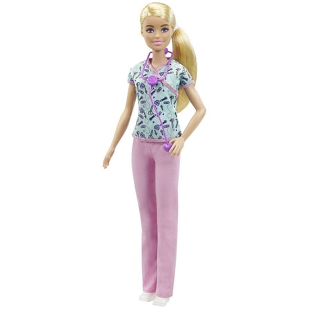 Barbie Nurse Fashion Doll Dressed in Medical Scrubs, White Shoes & Stethoscope Accessory