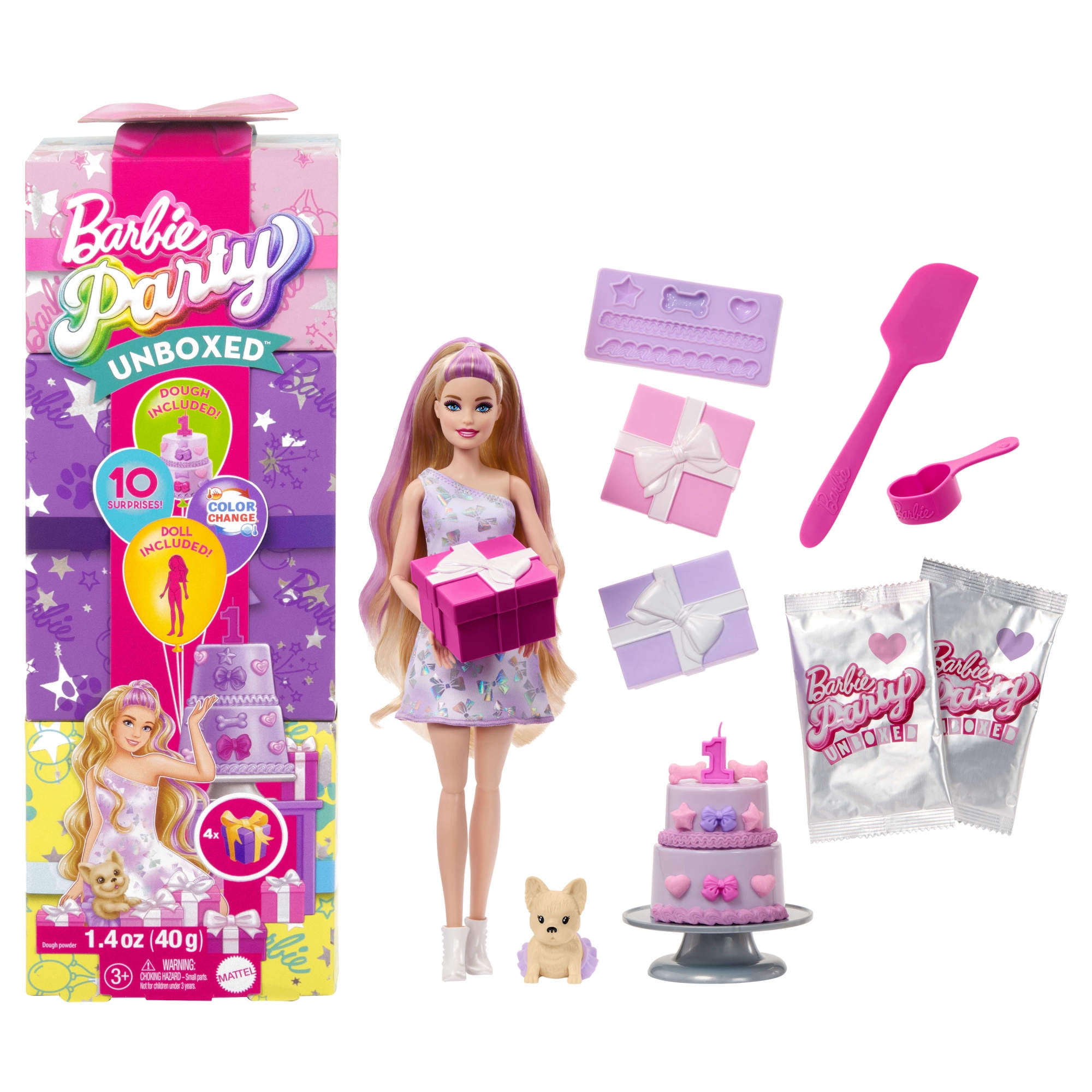 Barbie Party Unboxed Pet Birthday Series Doll & Accessories, Birthday Bows Set with 10 Surprises