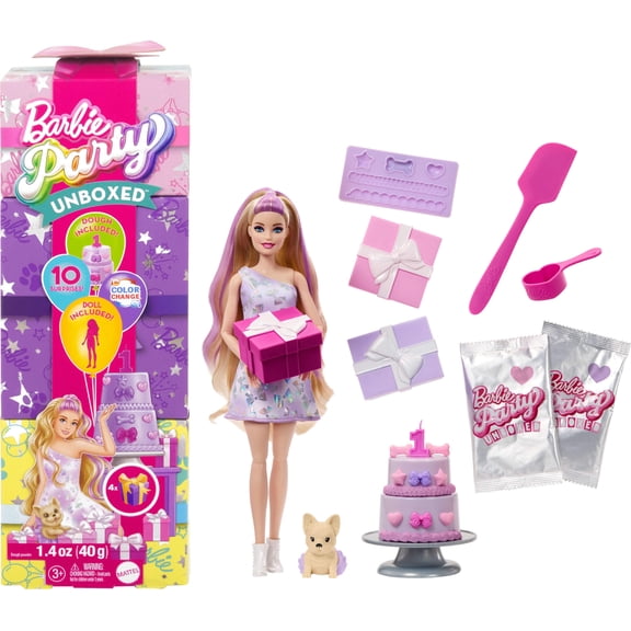 Barbie Party Unboxed Pet Birthday Series Doll & Accessories with 10 Surprises (Styles May Vary)