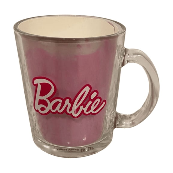 Barbie Pink Glass Mug Classic Logo Design Clear Handle Coffee Tea Hot Cocoa Cup