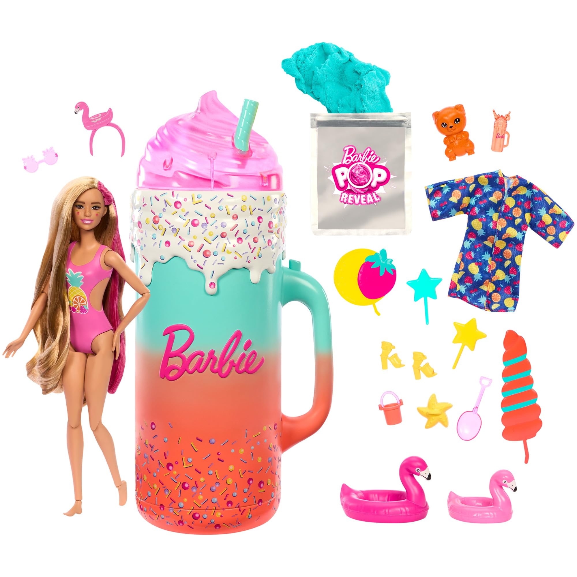 Pop Reveal Doll & Accessories, Rise & Surprise Fruit Series Gift Set with Scented Doll, Squishy Scented Pet, Color Change, Moldable Sand & More, 15+ Surprises