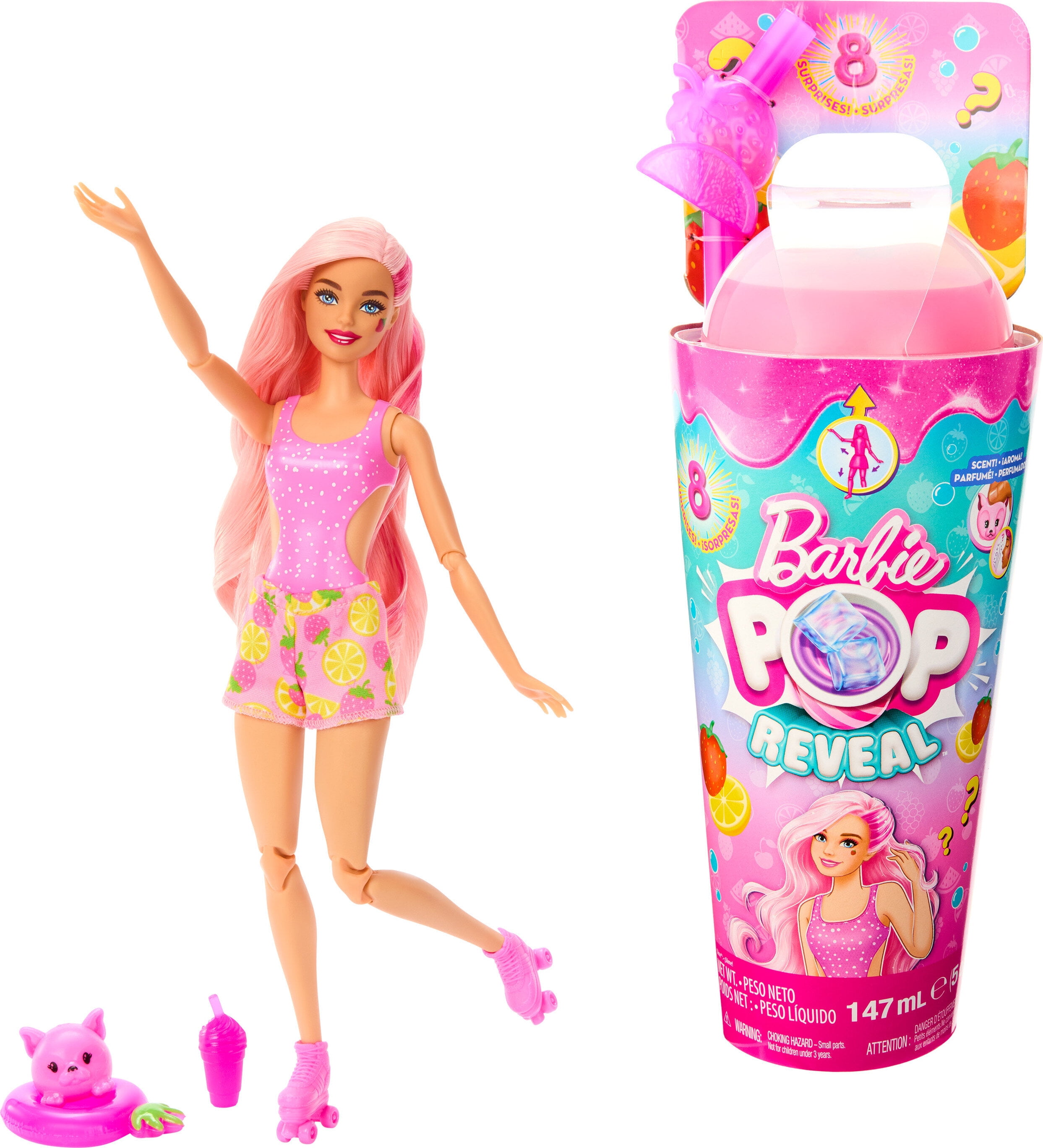 Barbie Pop Reveal Fruit Series Strawberry Lemonade Doll, 8 Surprises  Include Pet, Slime, Scent & Color Change