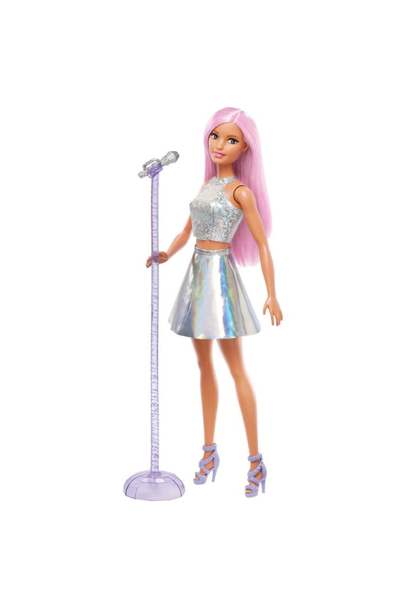 Pop Star Doll Dressed In Iridescent Skirt with Microphone and Long Pink Hair