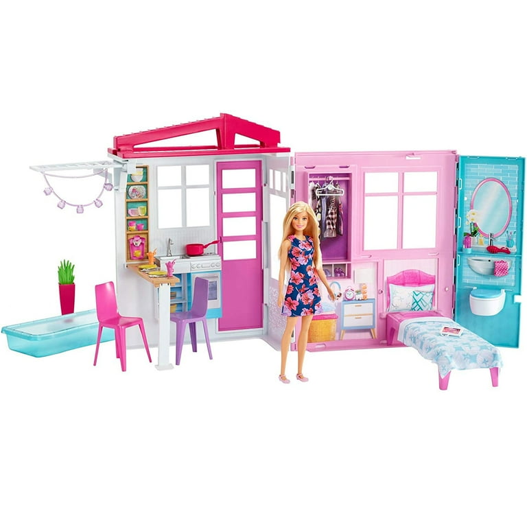 Barbie Portable 1-Story Toy Play Set Dollhouse with Doll, Pool, & Furniture