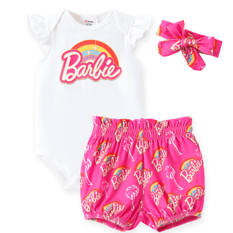 Barbie Rainbow Baby Girl Clothes 3Pcs Outfit Set Short-Sleeve Ruffled Shorts & Headband Set 3-6M
