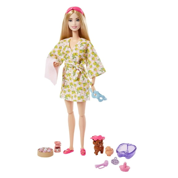 Barbie Self-Care Posable Doll, Blonde Spa Day Doll in Bathrobe with Puppy and Accessories