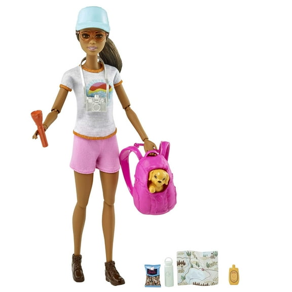 Barbie Self-Care Posable Doll, Brunette Hiking Doll with Puppy and Accessories
