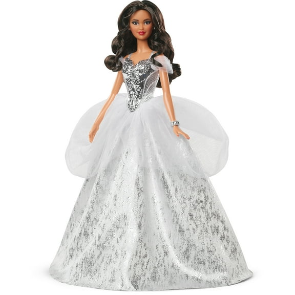 Barbie Signature 2021 Holiday Barbie Doll (12-Inch Brunette Curly Hair) In Silver Gown