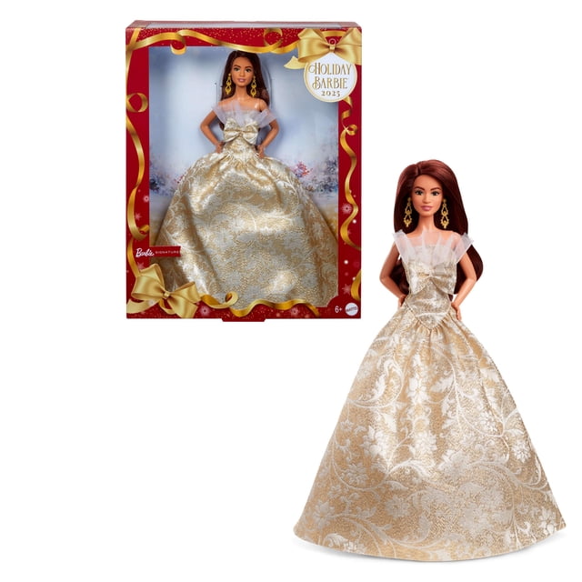 Barbie Signature 2025 Holiday Barbie Fashion Doll, Seasonal Collector, Dark Brown Hair with Silver & Gold Gown