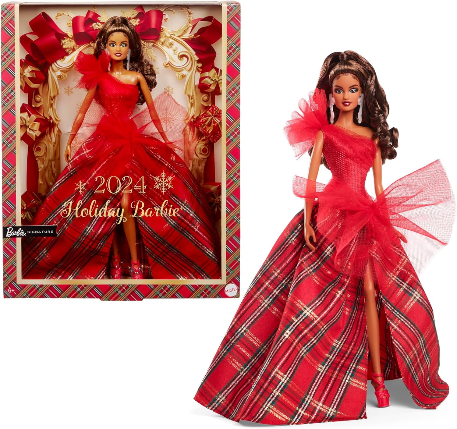 Barbie Signature Doll, 2024 Holiday Blonde Fashion Doll Wearing Gown with Plaid Skirt, Seasonal Collector Gift in Displayable Packaging Exclusive
