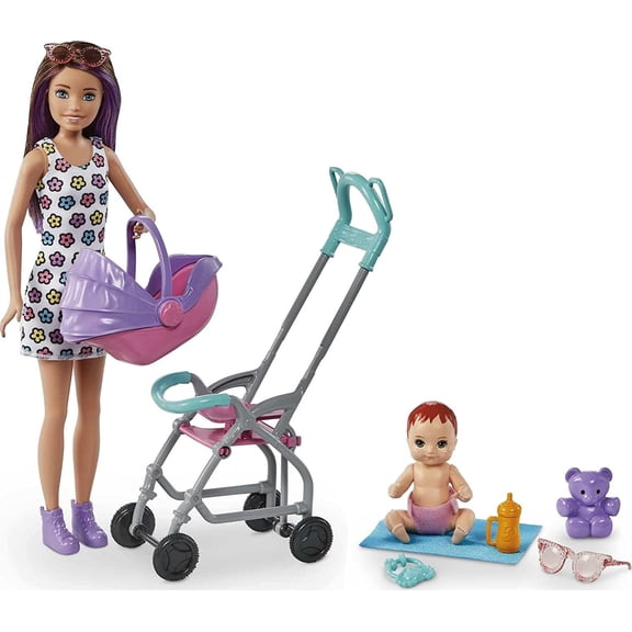 Barbie Skipper Babysitters Inc Playset with Doll, Stroller, Baby Doll & 5 Accessories, Remove Stroller Seat for Carrier