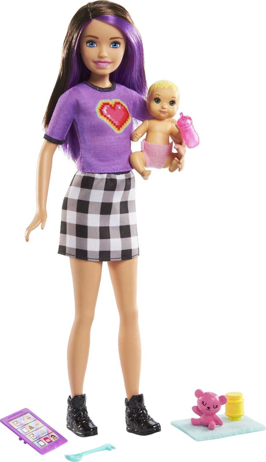 Barbie Skipper Babysitters Inc Set with Skipper Doll in Checked Skirt, Baby Doll \u0026 4 Themed Pieces