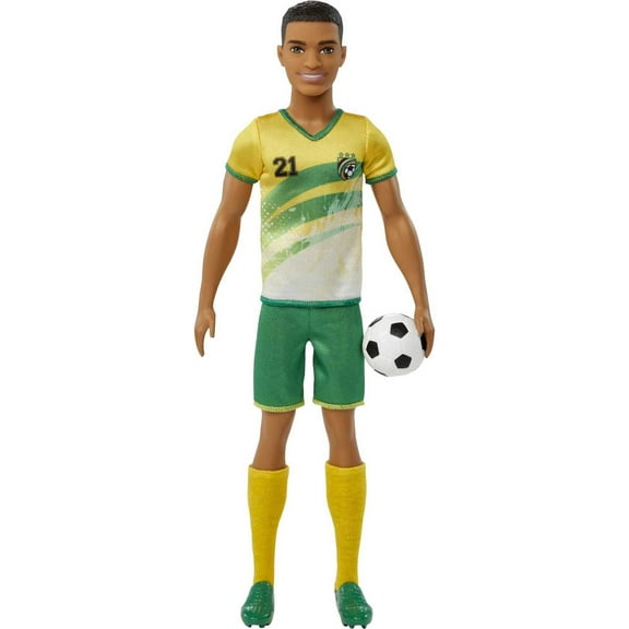 Barbie Soccer Ken Doll Dressed in Cleats, Colorful #21 Uniform & Tall Socks with Short Cropped Hair