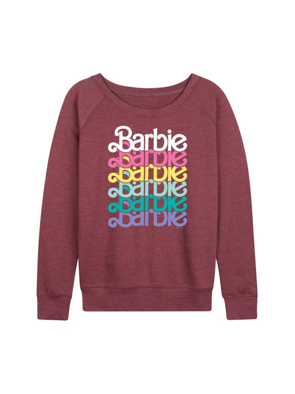 - Spring Stacked Logo Women's Lightweight French Terry Wide Neck Long Sleeve Graphic Shirt