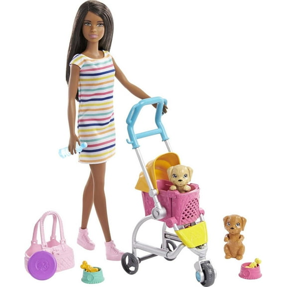Barbie Stroll & Play Pups Playset with Brunette Doll, Transforming Stroller, 2 Pets & Accessories
