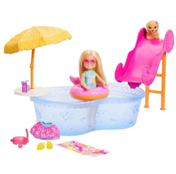 Barbie Summer Vacation Chelsea Doll and Pool Playset with Puppy, Water Slide, Tiki Umbrella, Pool Float, and Accessories  for Kids Ages 3 and Up